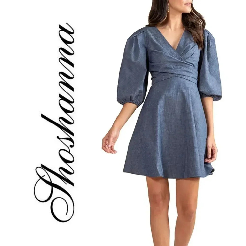 Shoshanna, Kiora Chambray‎ Puff-Sleeve Mini Denim Dress, Blue